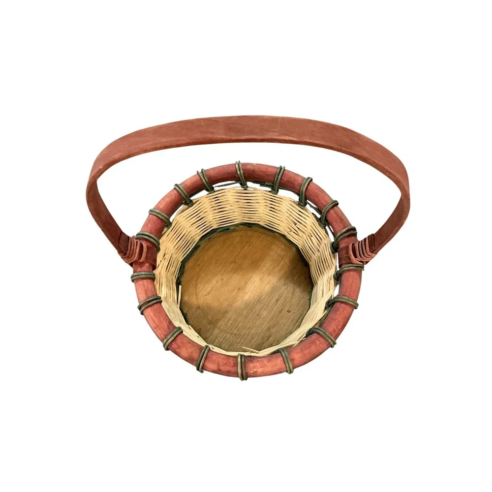 Vintage Woven Wicker Basket Round Wooden‎ Base Red Green Natural 13x9x9